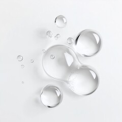 A close-up view of transparent water drops on a light surface. The droplets vary in size and shape, suggesting a refreshing and clean environment. The image highlights the properties of water.