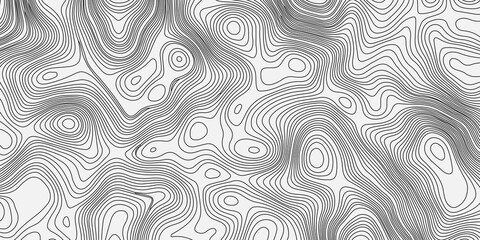 A seamless black and white topographic map pattern featuring stylized contour lines that represent elevation. 