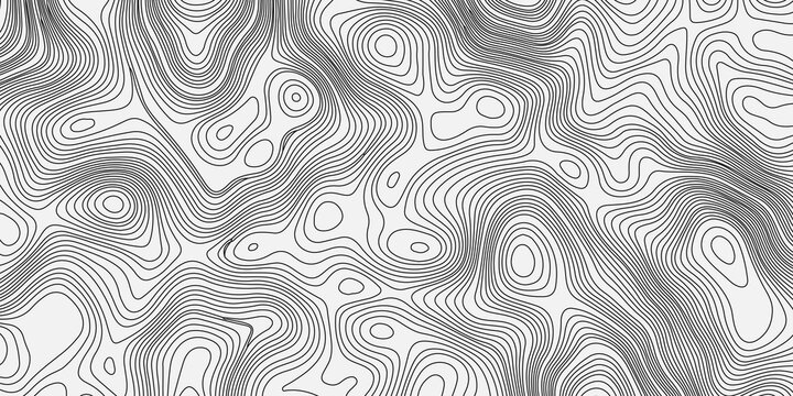 A seamless black and white topographic map pattern featuring stylized contour lines that represent elevation. 