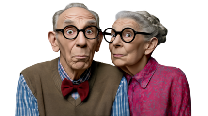 Eccentric senior couple with glasses and curious expression, isolated on white or transparent background