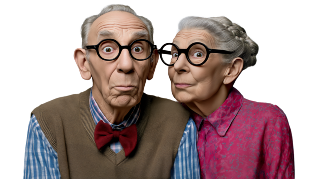 Eccentric senior couple with glasses and curious expression, isolated on white or transparent background - Powered by Adobe
