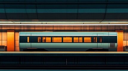 Modern Train at Station: A contemporary train sits at a station platform, bathed in warm ambient lighting, hinting at journeys and destinations.