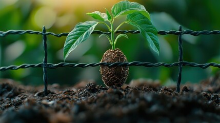 Obraz premium A small green sprout pushes through dark soil, growing against a black wire fence. The background is blurred, showing more greenery. Warm sunlight