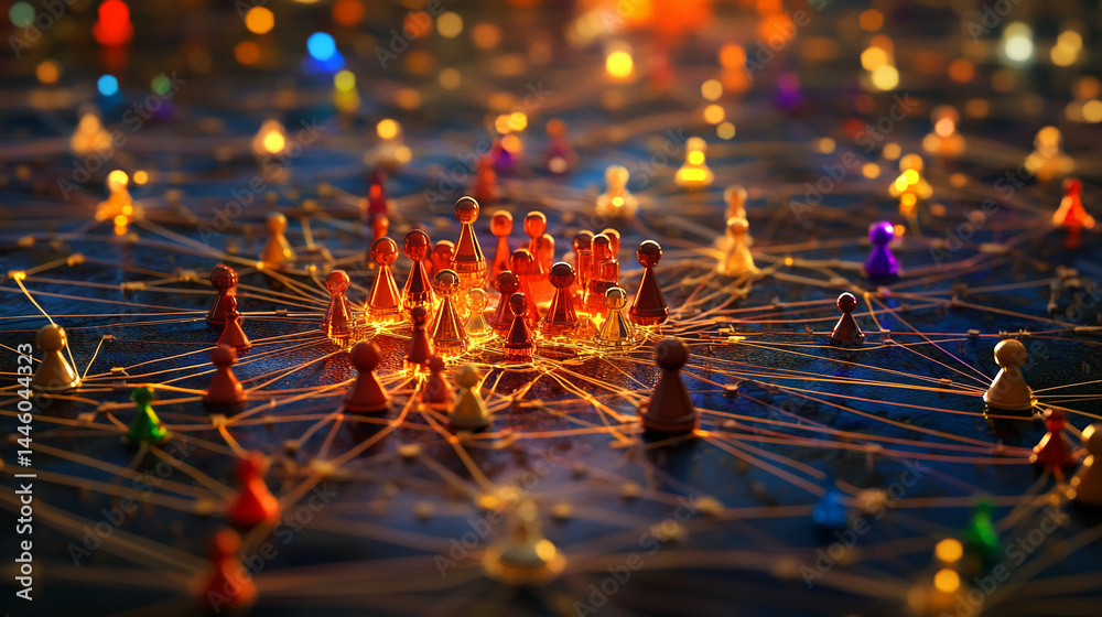 Poster colorful game pieces interconnected by glowing threads, representing network, communication, or glob
