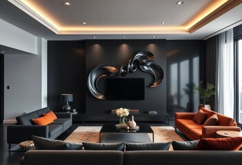 Sleek black wall sculpture accents a modern, dark living room in a luxury apartment,  aesthetic,  living room