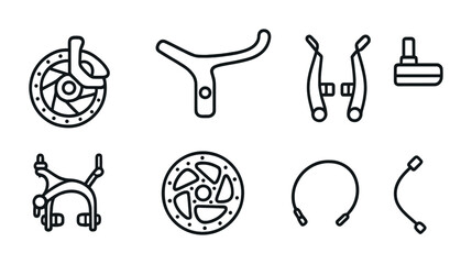 Bike components outline icons – line style cycling, bicycle repair, and maintenance symbols: brake disc, handlebar, brake lever, pedal, brake caliper, wheel, cable