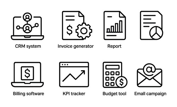 Business management line icons set &ndash; streamline operations, financial analysis, and communication essentials: crm system, invoice, report, billing, kpi, budget, email