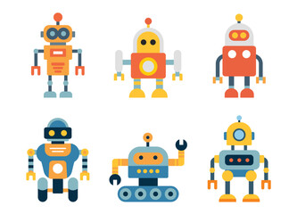 Cute Colorful Cartoon Robot Set, Flat Design Vector Illustration