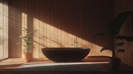 Sunlight-drenched bathroom with minimalist black tub.