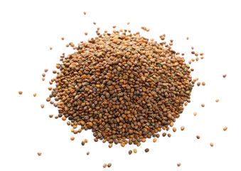Arugula or rocket seeds scattered, Eruca sativa, isolated on white background, top view, clipping path