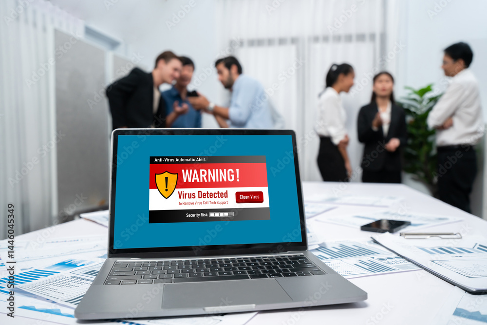 Poster virus warning alert on computer screen detected brisk cyber threat , hacker, computer virus and malw