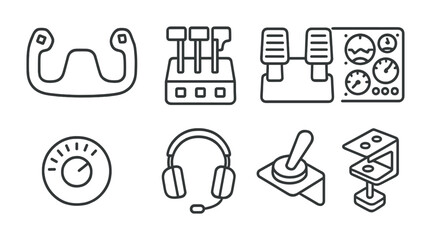 Aviation and flight instruments outline icons – linear style design for pilots, aircraft enthusiasts, and simulation controls: yoke, throttle, rudder pedals, cockpit panel, altimeter, headset,