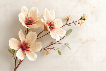 Close Up Of Magnolia Flowers Arranged On A Creamy Marble Texture Background Displaying Detailed Petals Branches and Delicate Blossoms
