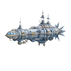 A fantastic airship with a beautiful design is flying through a blue sky.