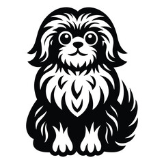 Havanese dog black silhouette vector isolated on white background, Cartoon Havanese dog with fluffy coat silhouette