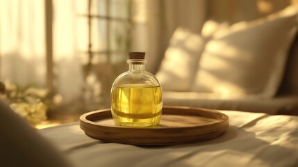Massage oil bottle on wooden tray in a spa setting, evoking tranquility and relaxation
