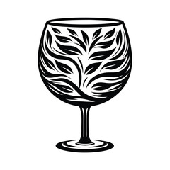 Leafy Elegance Black & White Art, Wine Glass Silhouette with Leaf Fillings Style