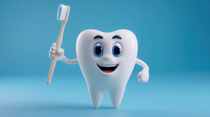 Cheerful tooth mascot holding toothbrush promotes dental hygiene in fun and engaging way. This character encourages children to brush their teeth regularly for healthy smile