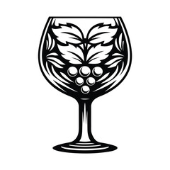 Decorative Wine Glass Silhouette Grapes, Leaves, Black and White, Intricate Design