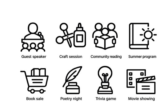 Library event outline icon set – linear style for community gathering, education, and activities: guest speaker, craft session, community reading, summer program, book sale, poetry night, trivia game