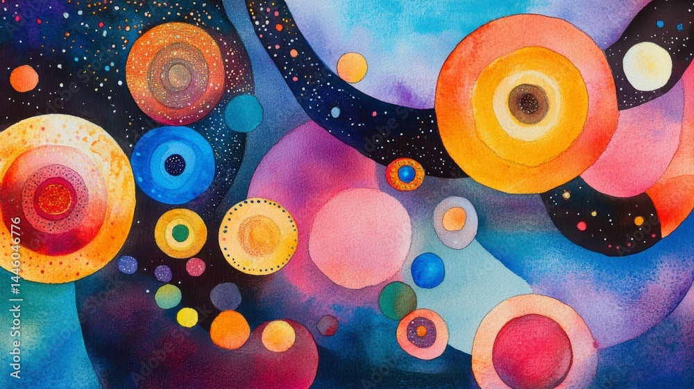 Wall mural abstract watercolor painting of colorful circles and swirls, resembling planets and nebulae in space