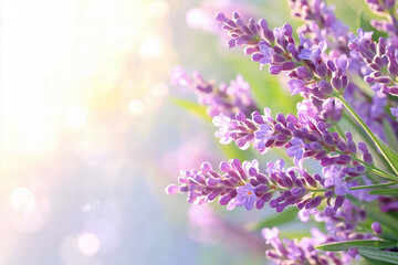 Obraz premium Close Up View Of Lavender Blossoms In Sunlight Showcasing Purple Flowers With Soft Bokeh Background