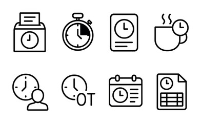Fototapeta premium Time management linear icons set – outline style scheduling, productivity, and office symbols for effective planning: timesheet, stopwatch, calendar, coffee, clock, overtime.