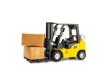 Yellow forklift isolated on white background. Logistics concept. Logistics and supply chain...