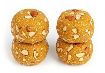 Two stacks of motichoor ladoo with almonds and pistachios on a white background