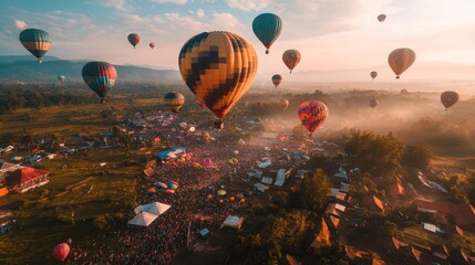Naklejka premium Colorful hot air balloons over a vast gathering