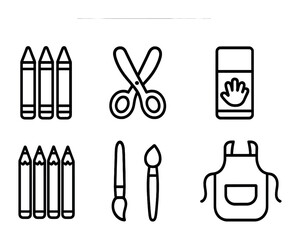 Fototapeta premium Art and craft linear icons set – outline style education, creativity, and diy symbols for artistic projects: crayons, scissors, eraser, colored pencils, paintbrush, apron.