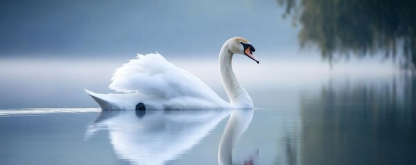 Fototapeta premium A graceful white swan floats peacefully on a calm water surface