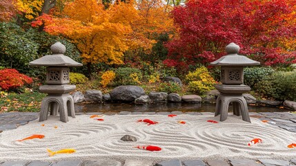 Autumnal Zen Garden with Koi Fish