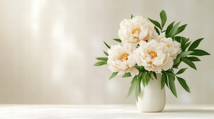 Fototapeta premium Elegant Peonies in Vase with Green Leaves on Soft White Background