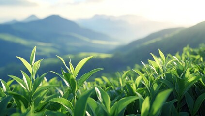 Obraz premium Serene Tea Plantation Landscape: Lush Green Tea Leaves Against a Mountainous Backdrop