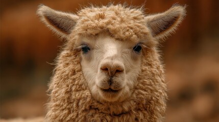 Fototapeta premium Close-up Portrait of a Fluffy Cream Alpaca with Striking Blue Eyes