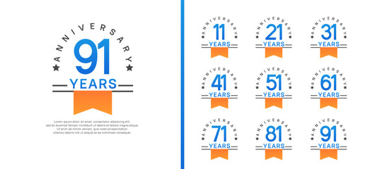 set of anniversary logo style with orange ribbon. vector design blue color for celebration