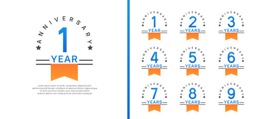 set of anniversary logo style with orange ribbon. vector design blue color for celebration