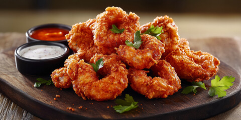 Close-up of crispy fried shrimp on wooden board with dips, showcasing texture and appetizing appearance, representing delicious food and culinary delight