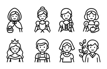 Fairy tale characters icon set – outline style fantasy, storybook, and mythical figures for creative design: little red riding hood, cinderella, rapunzel, snow white, sleeping beauty, prince charming