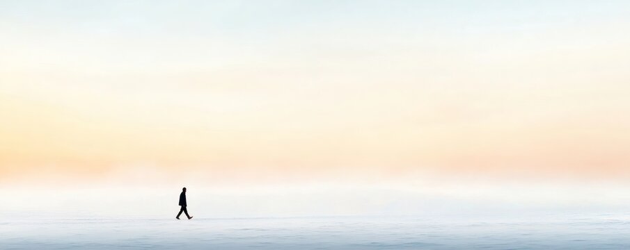 A silhouette of a person walks across a vast open landscape