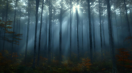 Fototapeta premium Sunbeams Through Misty Forest: Autumn Woodland Scene