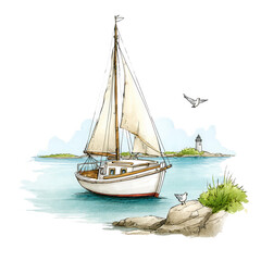Fototapeta premium An illustration of a beautiful sailboat sailing on calm waters near island