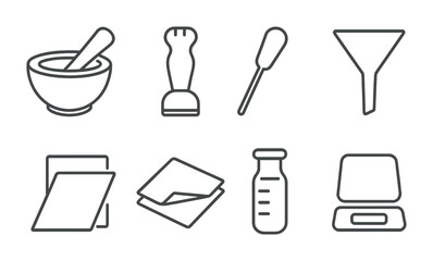 Kitchen tools outline icon set &ndash; line style for cooking and culinary enthusiasts: mortar and pestle, blender, dropper, funnel, cutting board, napkin, bottle, scale.