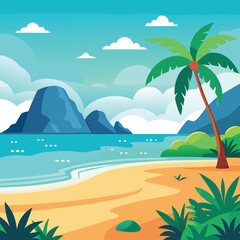 Fototapeta premium Tropical beach illustration with palm trees ocean and mountains vector background