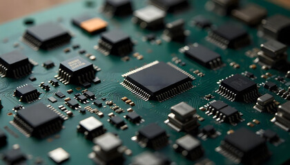 A detailed view of a green circuit board packed with electronic components and chips.