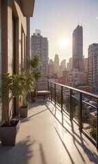 Fototapeta premium Sun-drenched modern apartment balcony, city view, view, sophisticated, high-rise