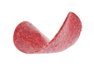 Slice of tasty smoked sausage isolated on white