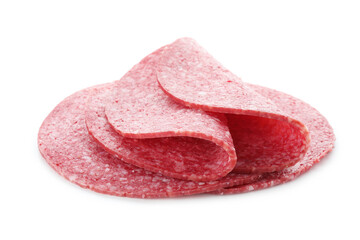 Slices of tasty smoked sausage isolated on white