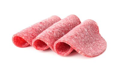 Slices of tasty smoked sausage isolated on white